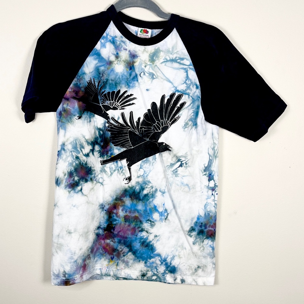 Ice dyed tie dyed upcycled blue multicolor bird screen printed baseball T Shirt
